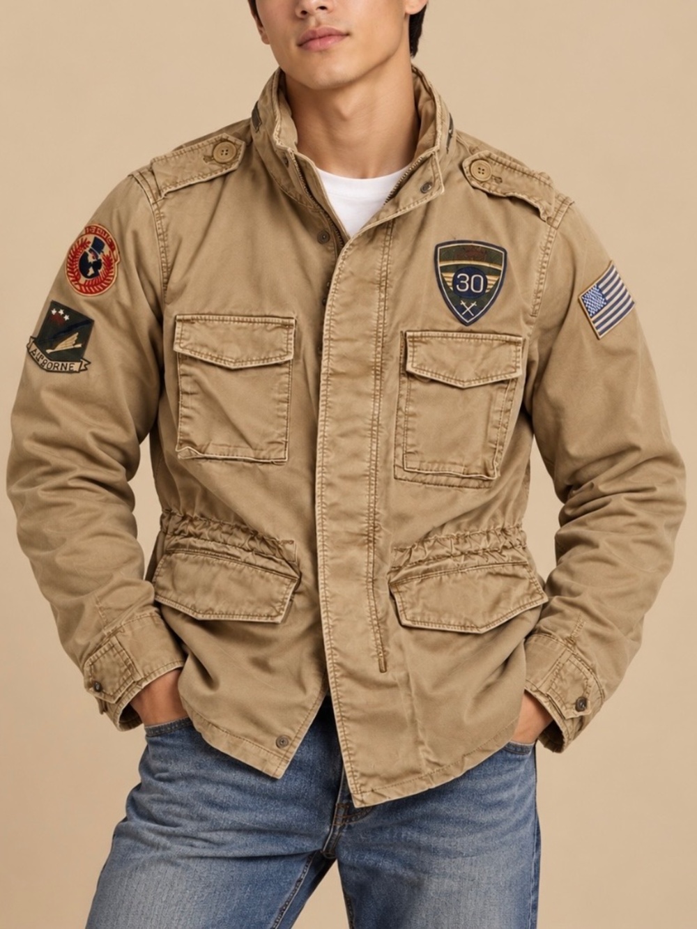 Express Men’s M Military Field Jacket Khaki Tan Patches Hidden Hood